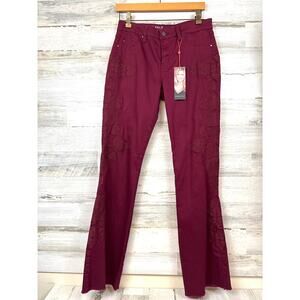 Laurie Felt Womens S Burgundy Floral Embroidered Boot Cut Fray Hem Jeans NWT